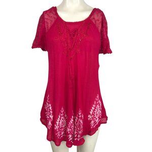 SAKKAS - WOMEN'S FREE SIZE -RED 100% RAYON EMBROIDERED PULL OVER TOP